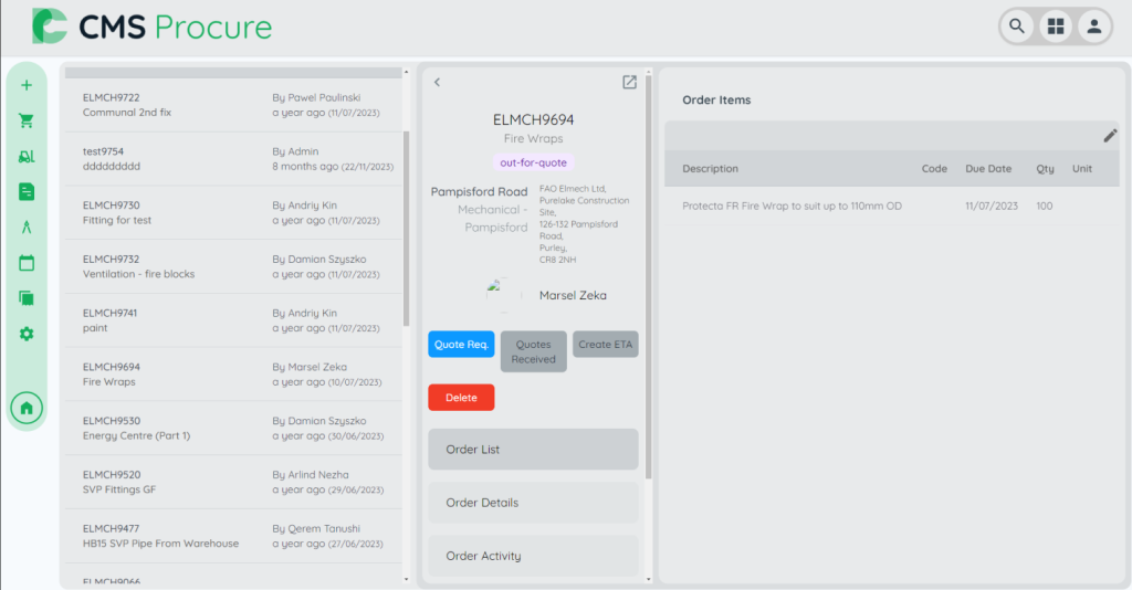 CMS Procure dashboard