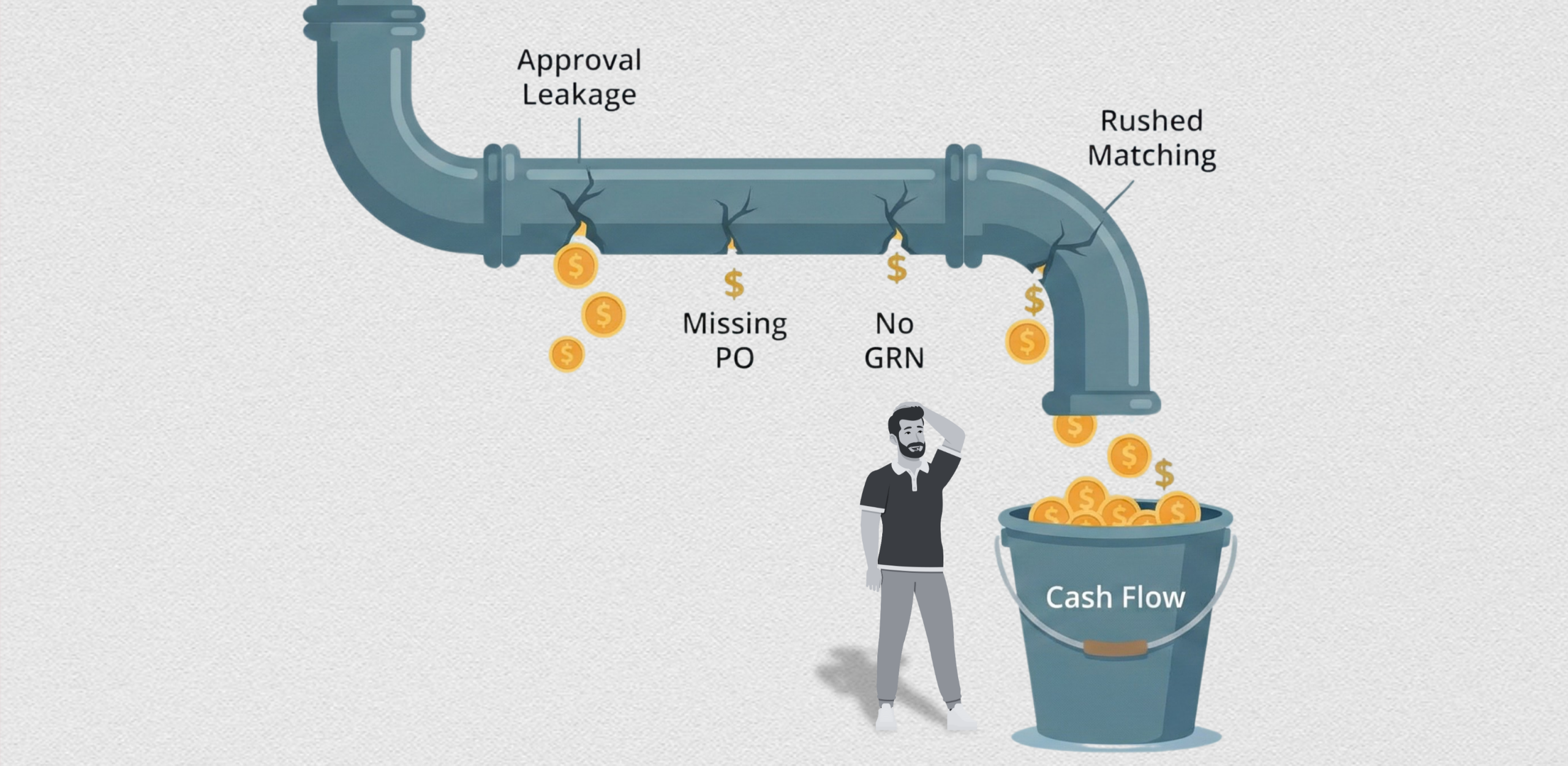 Illustration of a leaking pipe with money falling into a bucket labeled 'Cash Flow'. Cracks in the pipe are labeled 'Approval Leakage,' 'Missing PO,' 'No GRN,' and 'Rushed Matching,' showing how surprise spend drains finances.
