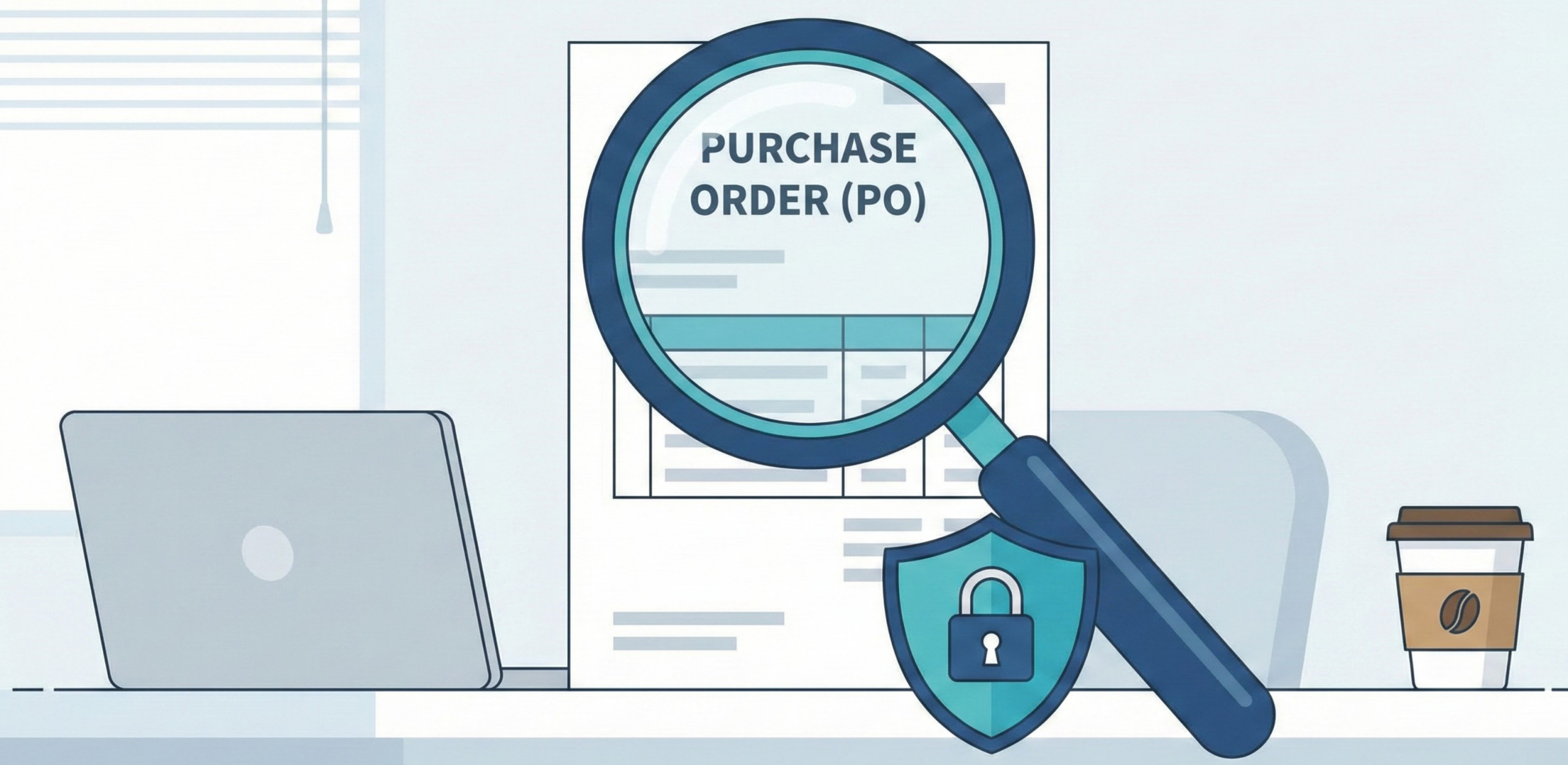 Illustration of a large magnifying glass with a shield and padlock icon hovering over a document labeled 'PURCHASE ORDER (PO)'. This represents the process of reviewing and controlling purchase orders to prevent unauthorized spending.