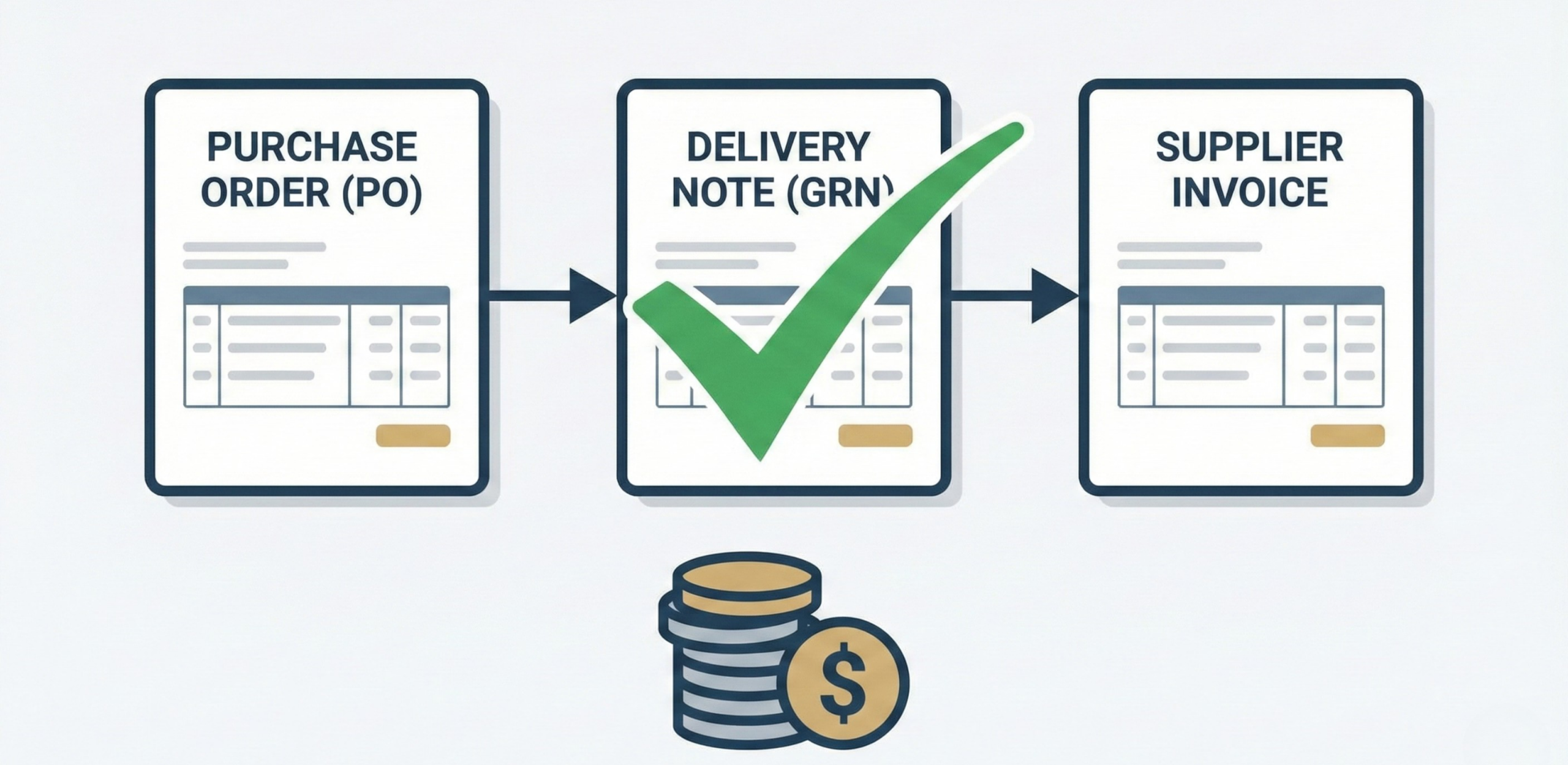 Diagram showing a three-way match process in accounts payable. Three documents, 'PURCHASE ORDER (PO)', 'DELIVERY NOTE (GRN)', and 'SUPPLIER INVOICE', are connected by arrows. A green checkmark is over them, leading to a stack of coins and a dollar sign, indicating a successful match and approved payment.