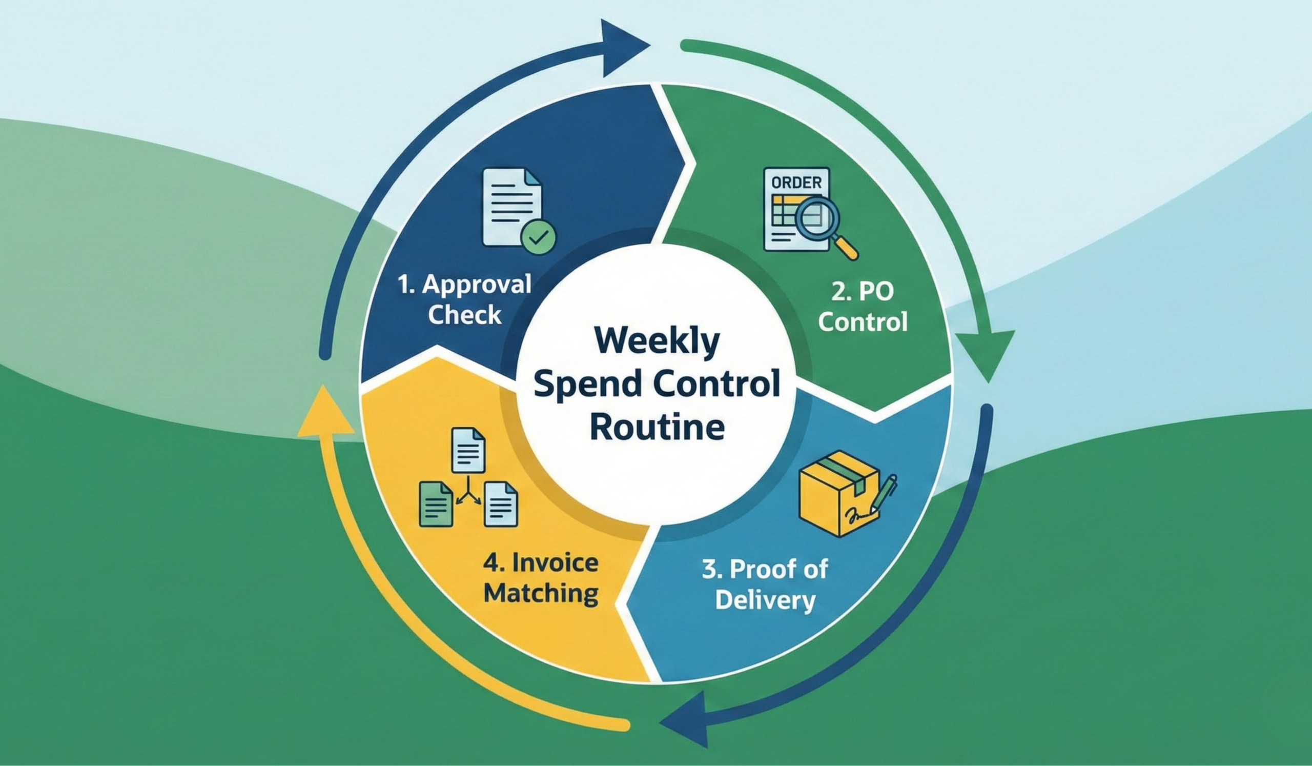 Circular diagram showing a four-step weekly spend control routine. The steps are '1. Approval Check,' '2. PO Control,' '3. Proof of Delivery,' and '4. Invoice Matching,' connected by arrows in a continuous loop.