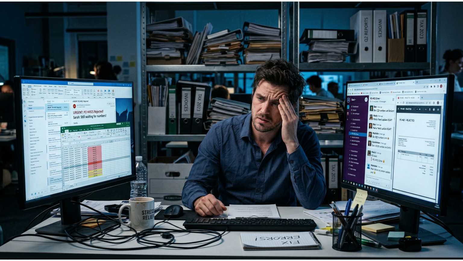 A stressed finance professional sitting at a desk with his head in his hands, surrounded by stacks of paper and multiple computer monitors showing a chaotic mix of spreadsheets, disjointed email threads, and purchase orders in a dark, moody office.