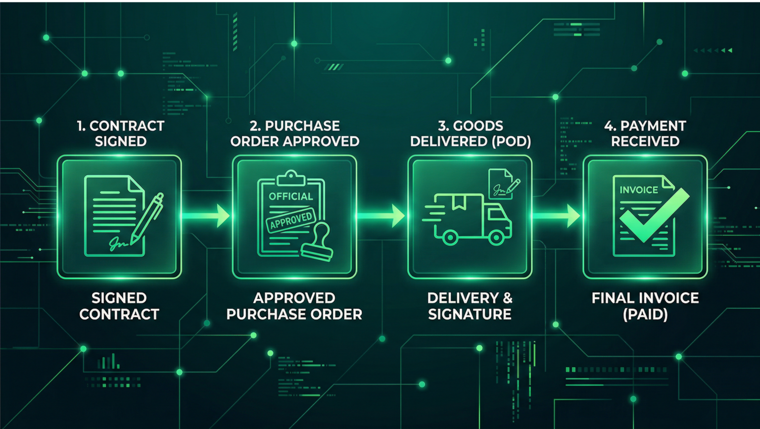 A minimalist corporate infographic in blue and green showing a four-step digital timeline: a signed contract, an approved purchase order, a confirmed delivery note (POD), and a verified final invoice marked with a large green "Paid" checkmark.