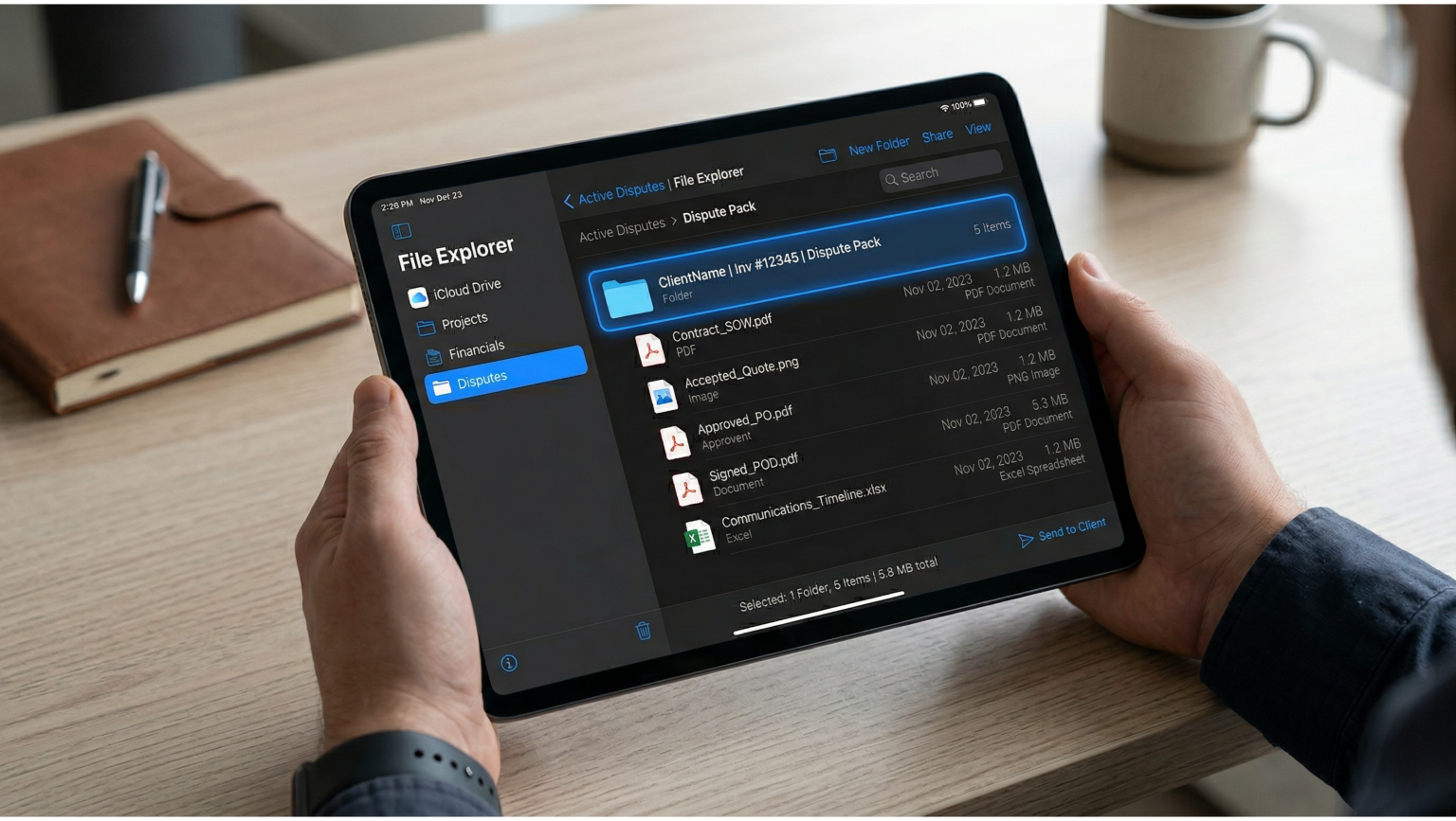 A tablet on a desk displaying a digital file explorer in dark mode. A folder titled "Dispute Pack" is highlighted in blue, showing organized sub-files including a contract, accepted quote, approved PO, and signed proof of delivery.